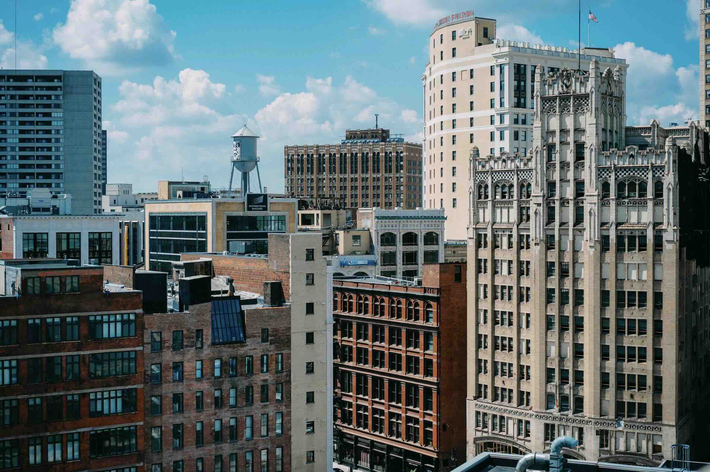 Downtown Detroit skyline view, utilized for localized restaurant and bar marketing content.